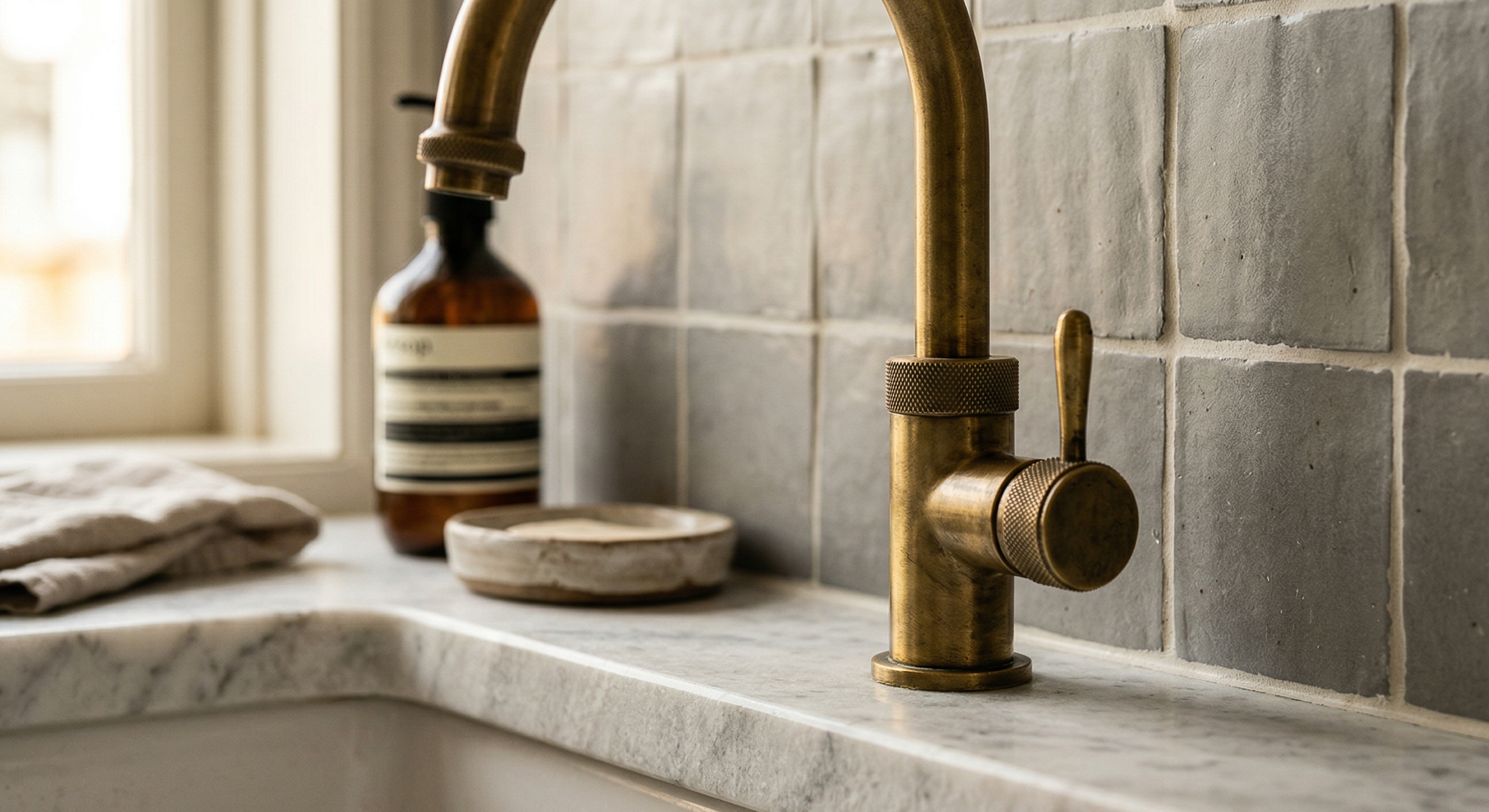 Detalle de acabados premium con grifo dorado y mármol en Valencia