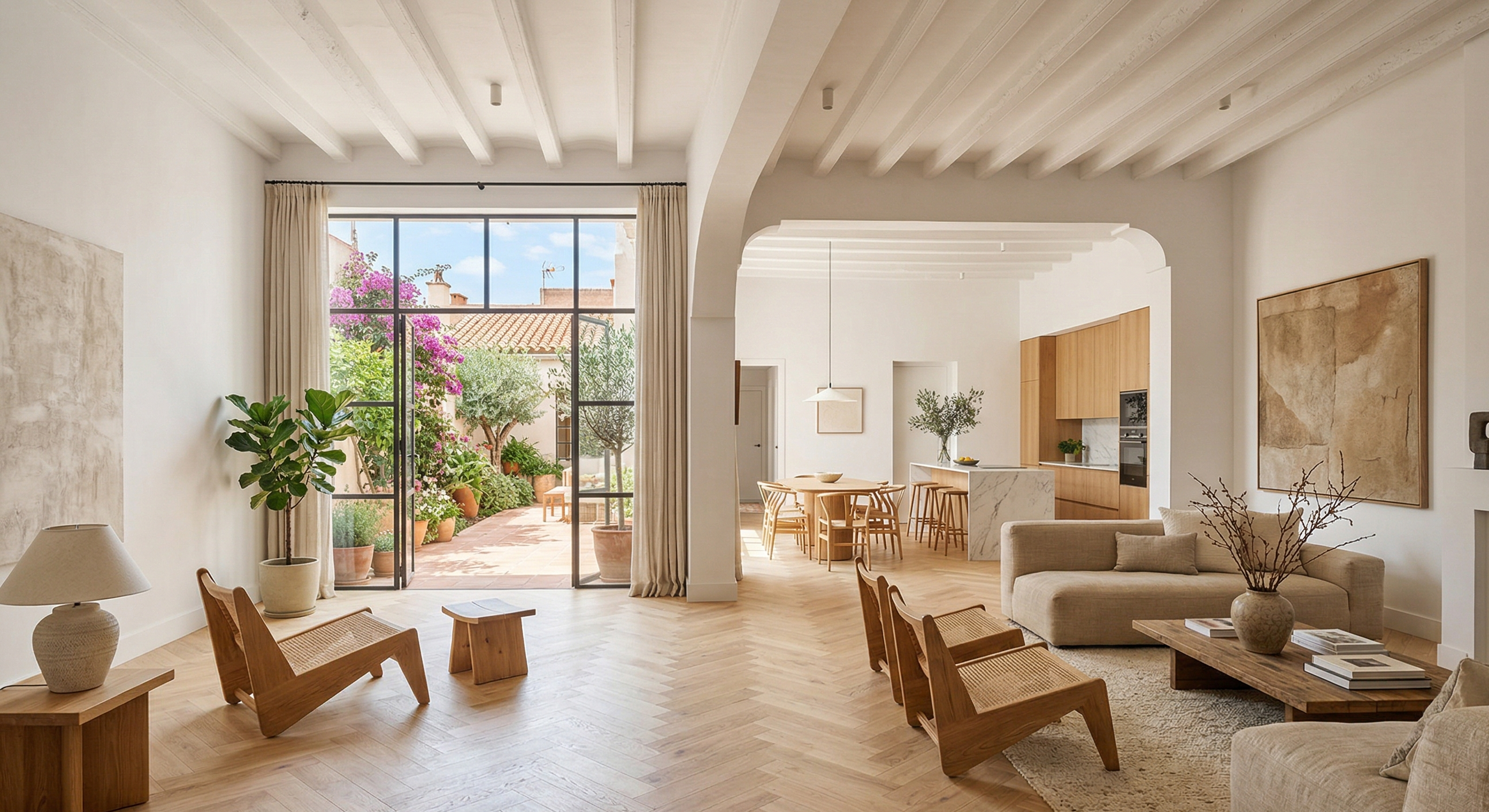 Reforma integral de salón en Valencia con parquet espiga y arcos