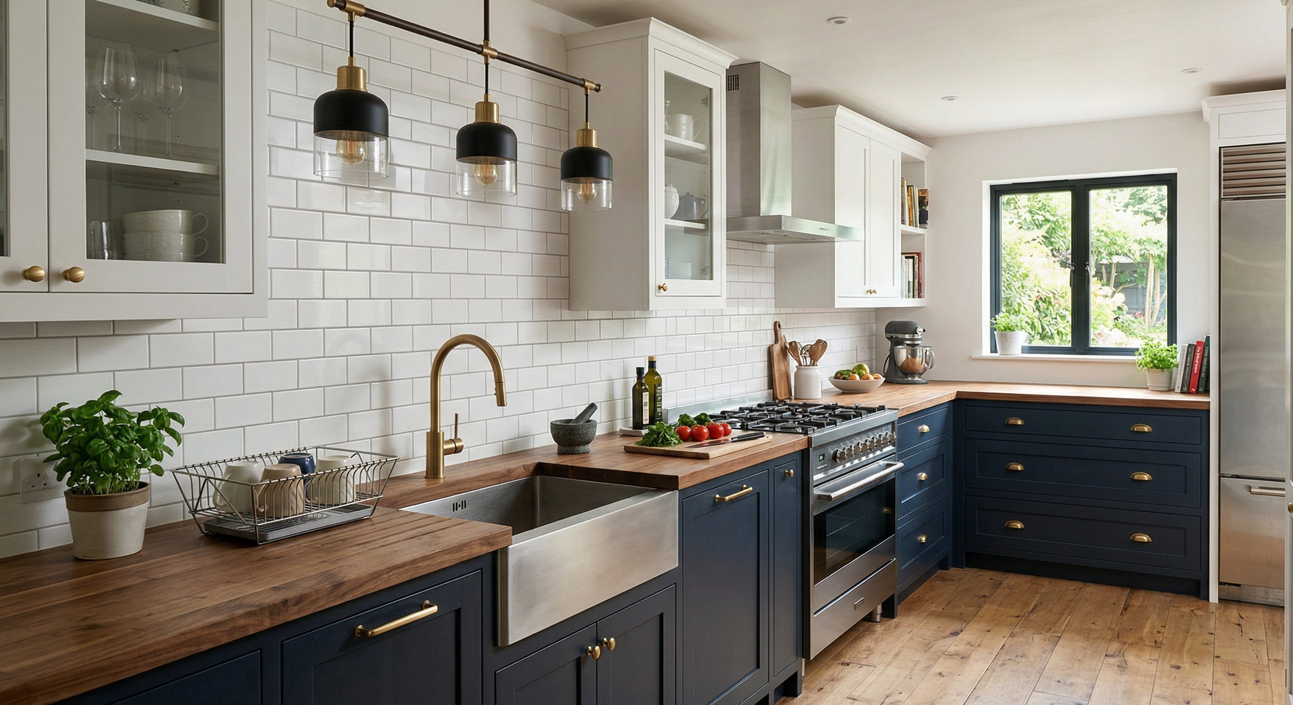 Reforma de cocina azul marino con encimera de madera en Valencia