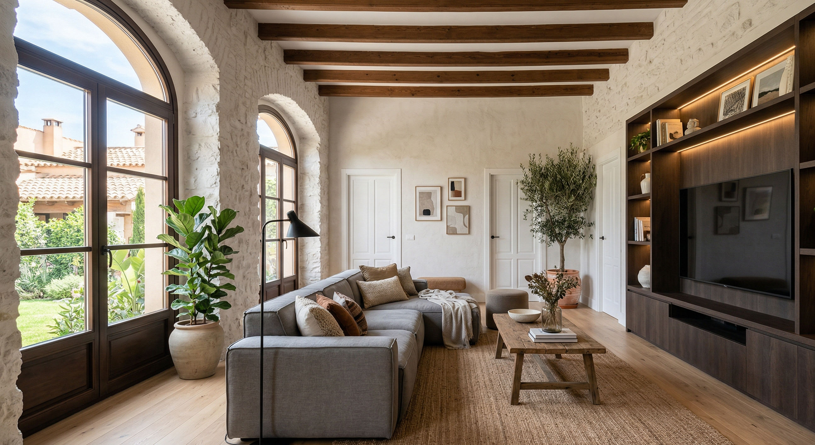 Reforma de salón con vigas de madera estilo mediterráneo en Valencia